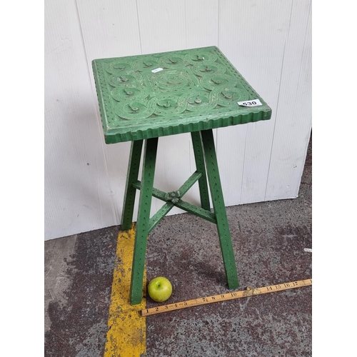 530 - A bright green, antique arts and crafts  hand-painted wooden plant stand with braid and floral decor... 