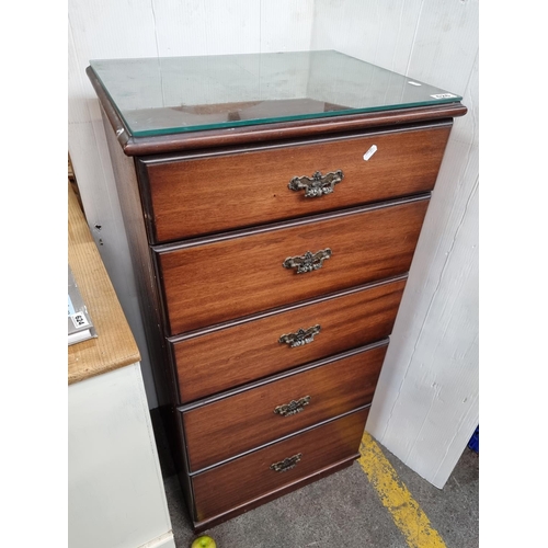 626 - A Drak Wood Vintage Tall Boy with 5 Drawers and a Glass Saver