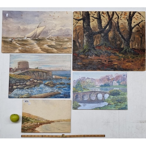 73 - A set of five unframed paintings including an oil on canvas of Sandycove  beach Dublin, signed botto... 