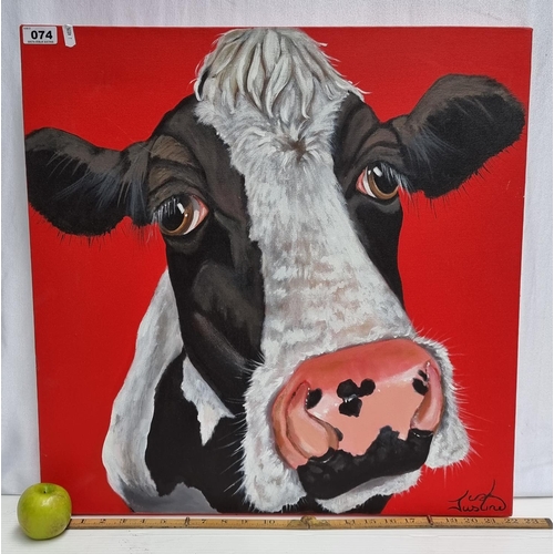 74 - A good sized original oil painting of a friesian cow by the artist Justine McCullagh Snowden, entitl... 