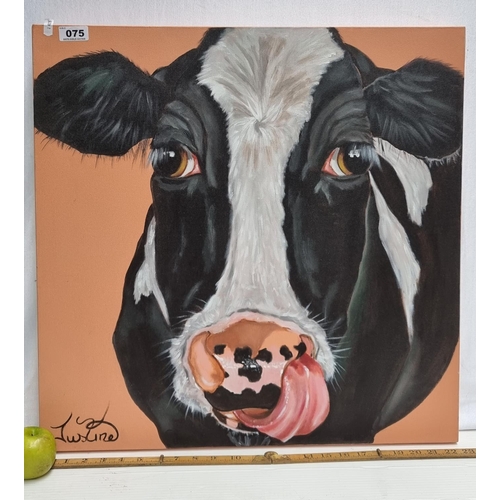 75 - A good sized original oil painting of a friesian cow playfully sticking his tongue out, by the artis... 