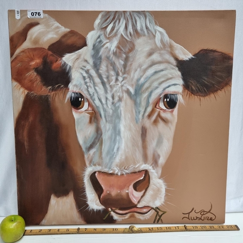 76 - A good sized original oil portrait of a hereford cow chewing the cud, by the artist Justine McCullag... 