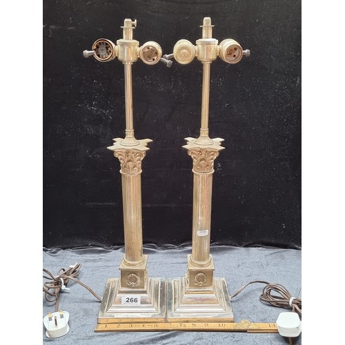 266 - A Pair of vintage heavy Corinthian Column silver plated Lamp Bases with double bulb holders great lo... 