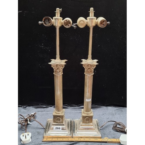 266 - A Pair of vintage heavy Corinthian Column silver plated Lamp Bases with double bulb holders great lo... 