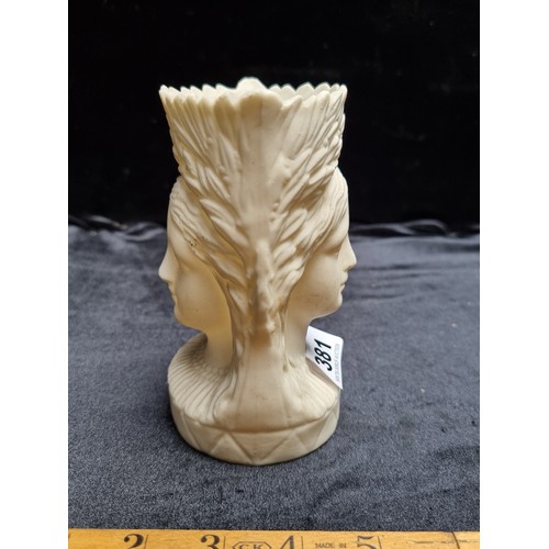 381 - Very fine creamware double-bust vase with Grecian woman's face surrounded by laurels.