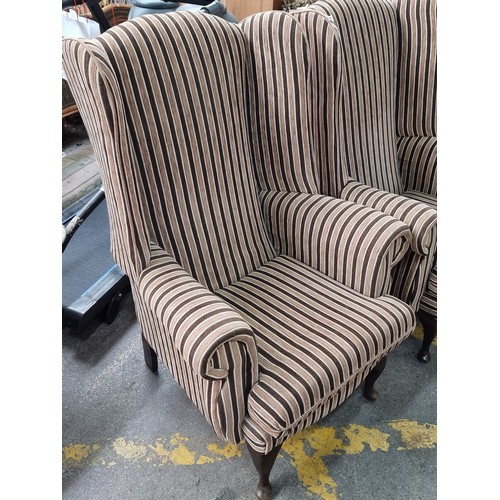 610 - Super pair of stripey large wing-back armchairs. Very comfortable.