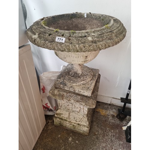 771 - Antique stone/concrete good size Grecian garden urn on pedestal. From a fine home in Blackrock.
DM i... 