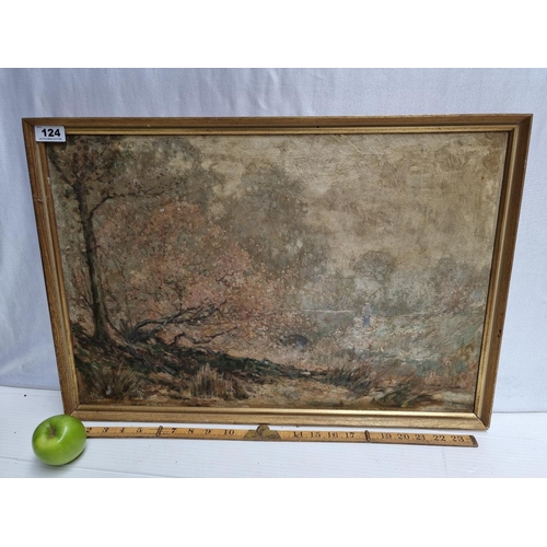 124 - Original oil on canvas showing beautiful blossoming trees, signed bottom left by the artist Lesley S... 