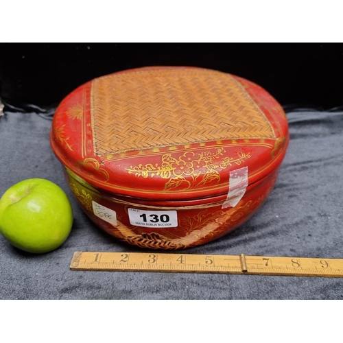 130 - A Red Lacquered Chinese Wicker Bowl with Lid