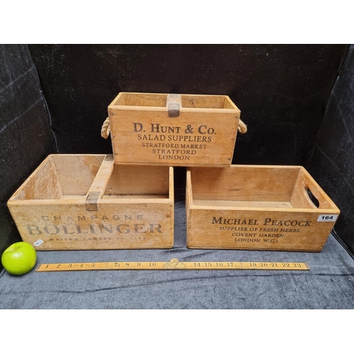 164 - 3 decorative Wooden Commercial Crates Bollinger champagne, D Hunt and Co Salad Supplier and Michael ... 