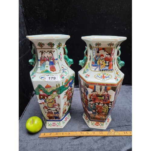 179 - A Pair of large Chinese Hexagonal Hand painted Porcelain Vases with Imperial Court Scenes. They have... 