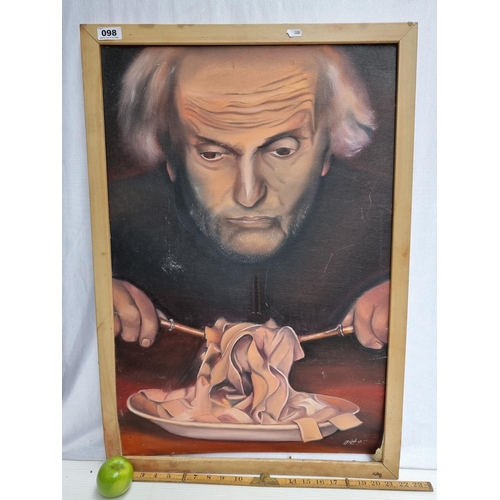 98 - Good sized framed oil on canvas signed by the artist Rifat, '99. Portrait of a man eating pasta.