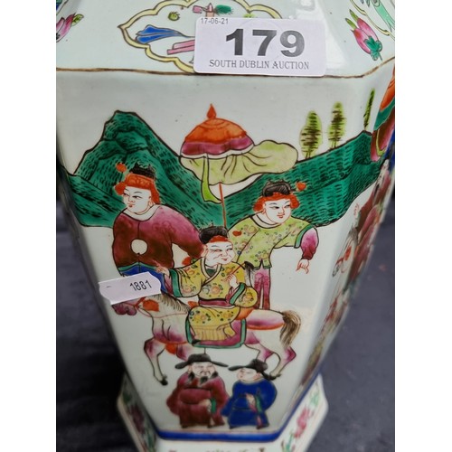 179 - A Pair of large Chinese Hexagonal Hand painted Porcelain Vases with Imperial Court Scenes. They have... 