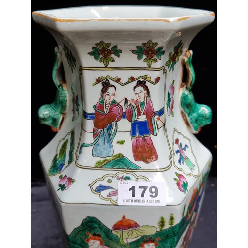 179 - A Pair of large Chinese Hexagonal Hand painted Porcelain Vases with Imperial Court Scenes. They have... 