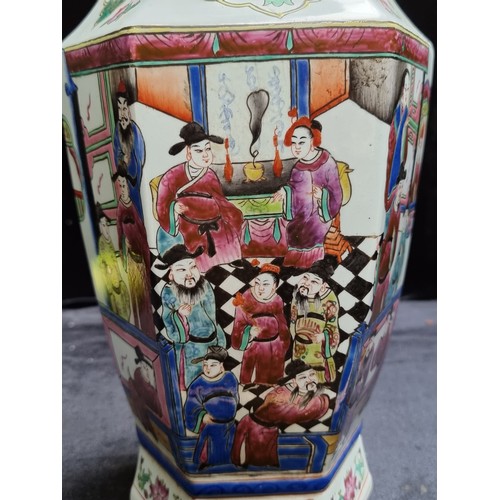 179 - A Pair of large Chinese Hexagonal Hand painted Porcelain Vases with Imperial Court Scenes. They have... 