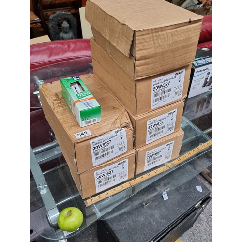 545 - Six boxes of ten Osram Dulux long life 20W/827 lightbulbs. 40 new bulbs. Bayonet fitting.