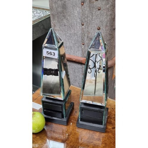 563 - Nice pair of mirrored obelisks with small drawers very decorative.