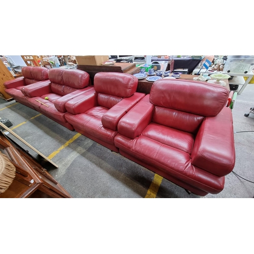 576 - Four piece red leather suite, two 2 seaters and 2 chairs all matching, nice quality modern Italian l... 