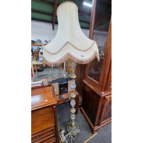 588 - Very ornate vintage brass floor lamp with marble and crystal affect detailing and cream lampshade.