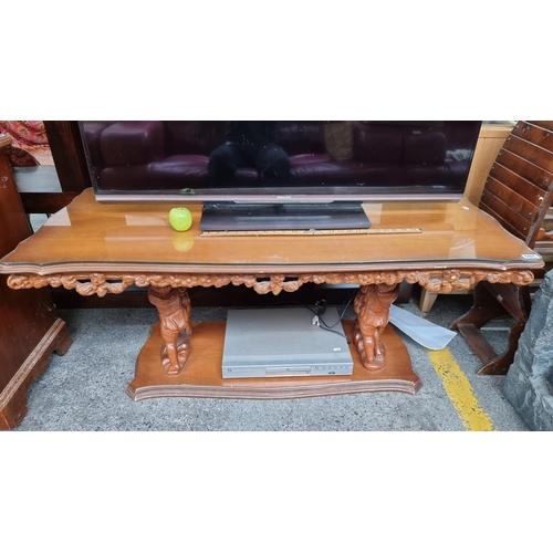 591 - A Stunning Profusely Carved Rococo Style Coffee Table with a Fitted Glass Saver Top and figural cher... 