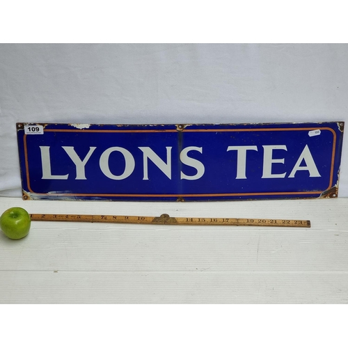 109 - 100% original  Lyon's Tea enamelled metal advertisement. Heavy.