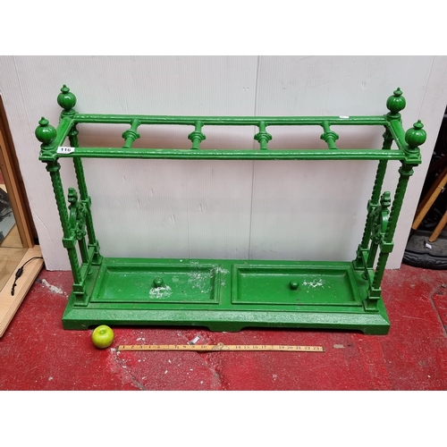 116 - Star Lot : Fabulous Victorian Cast iron, vintage large green painted umbrella stand with drip trays.... 