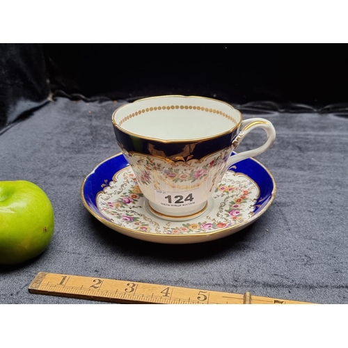 124 - A Beautiful Antique White and Blue Teacup and Saucer with Intricate Floral Detail.