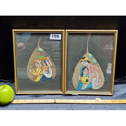 159 - A Pair of Framed Indian Peepal Leaf original Paintings.