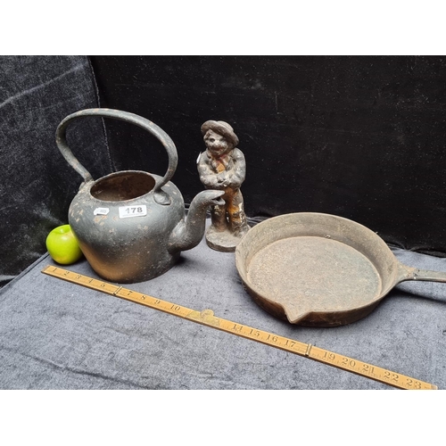 178 - A collection of 3 Cast Iron Items including a 19th Century Door Stop, A Vintage Kenrick 5 Pint Tea K... 