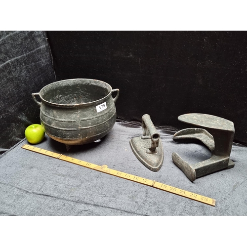 179 - 3 Antique Cast Iron items including a Cauldron (SD), a 3-footed Cobbler's Anvil and an Iron.