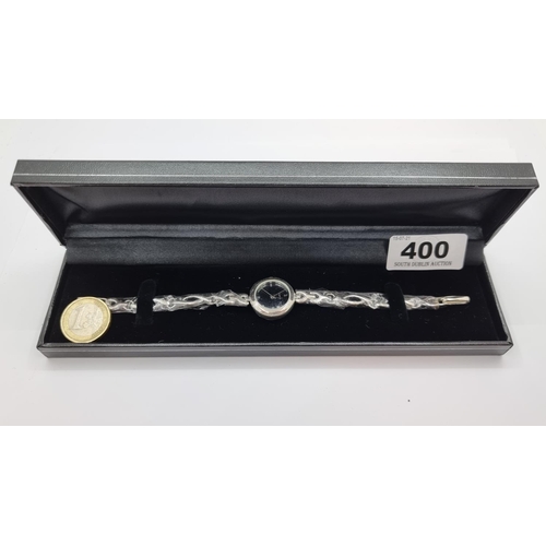 400 - A sterling silver ladies wristwatch, in original packaging. In as new condition.