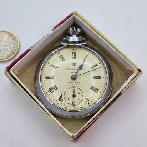 428 - An Ingersol pocket watch with Roman numeral face and second hand in good working order, in very clea... 