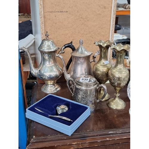 639 - Six items including three EPNS pieces, brass vases and a Newbridge pen stand in original box.