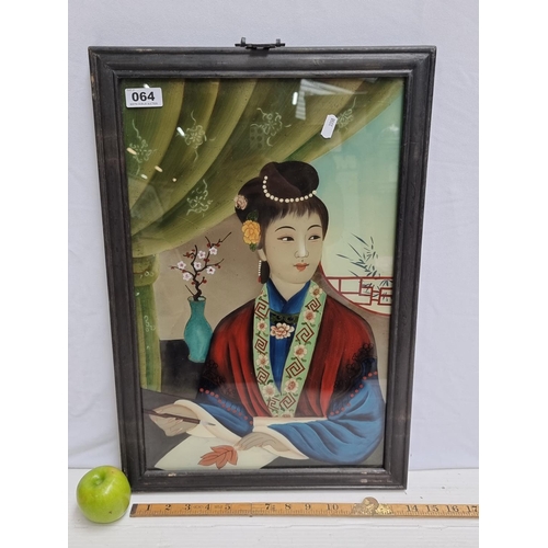 64 - A beautiful tempera on wood showing a portrait of a Chinese woman painting. Extremely vibrant and el... 