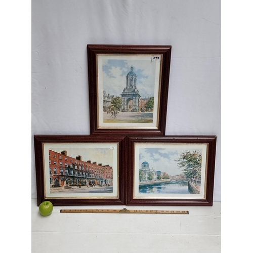 73 - Three framed prints of paintings showing Dublin landmarks by the artist Colin Gibson R.U.A (b.1948).