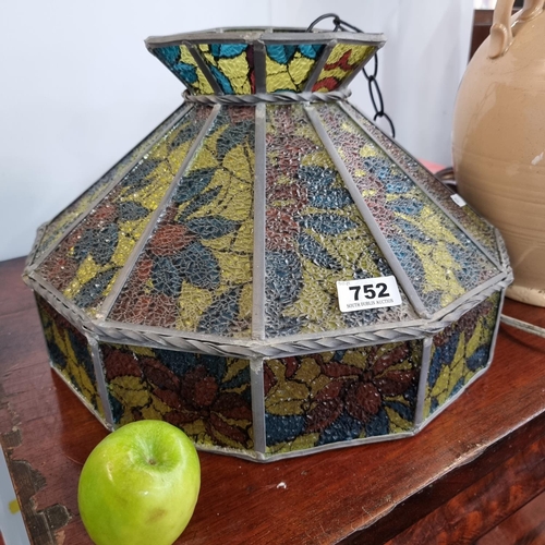 752 - A large antique Tiffany Style ceiling light shade with stained glass floral detail.