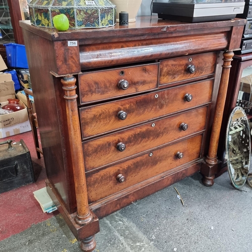 756 - A Large Mahogany Antique  Scotch Chest of 5 Drawers and a hidden drawer with Mother of pearl Inlay o... 