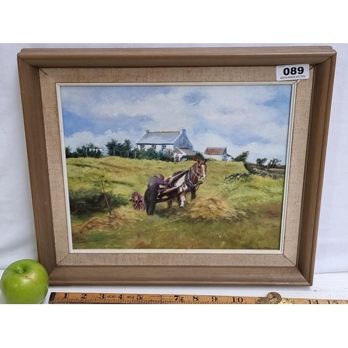 89 - Neat sized original oil on canvas showing a man with a horse and cart. Lovely country image.