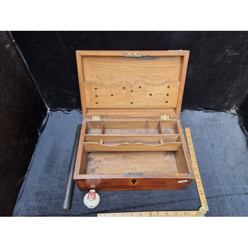 231 - Antique wooden letter writing box with multiple compartments and a Swan China inkpot.