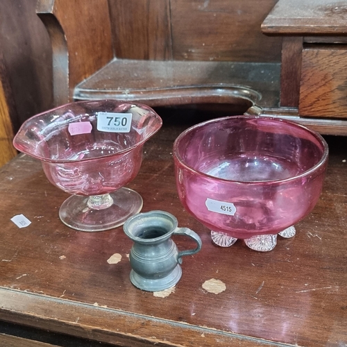 750 - A pair of beautiful hand-blown cranberry glass bowls and a neat size pewter tankard.