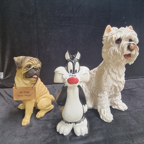 768 - 3 statues including 'All Pugs Love Hugs', Sylvester and Tweedy Pie by Warner Bros Studio Store and a... 