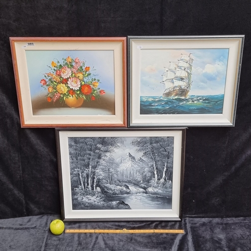 85 - Set of three original oil on canvas showing a still life of flowers signed bottom right (unclear), a... 