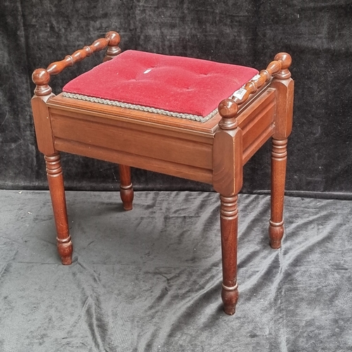 380 - A Vintage Piano Stool with a Red Velvet Upholstered Seat that Lifts up to Store Sheet Music. Really ... 