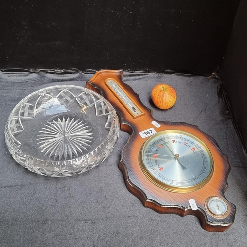 567 - Two items including a wooden aneroid barometer and a crystal bowl.