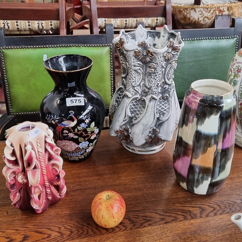 575 - A Collection of 3 Vases Including a Vintage Black Porcelain Japanese Vase and a Lovely Hand Carved C... 