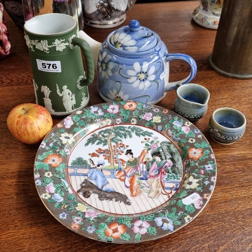 576 - A Quantity of 5 Items Including a Lovely Green Wedgwood Jug and a Hand Painted Plate Made in China.W... 