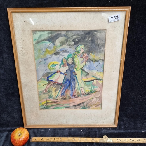 753 - An Original Watercolour of 3 Figures In The Rain, Signed by Artist M.Bracken.