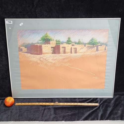 755 - A Framed Original Pastel Drawing Depicting a Middle Eastern Compound Signed by Artist Sajid, 2002.