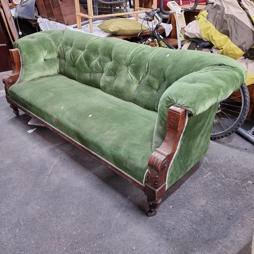 766 - Victorian framed couch with soft green button back material. (SD) Mm: 210 cm x 80 cm x 80 cm.