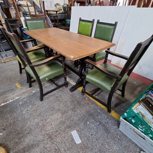 581 - A Large Wooden Antique refectory  Dining Table with a Set of 6 Stunning  Green Leather Dining Armcha... 